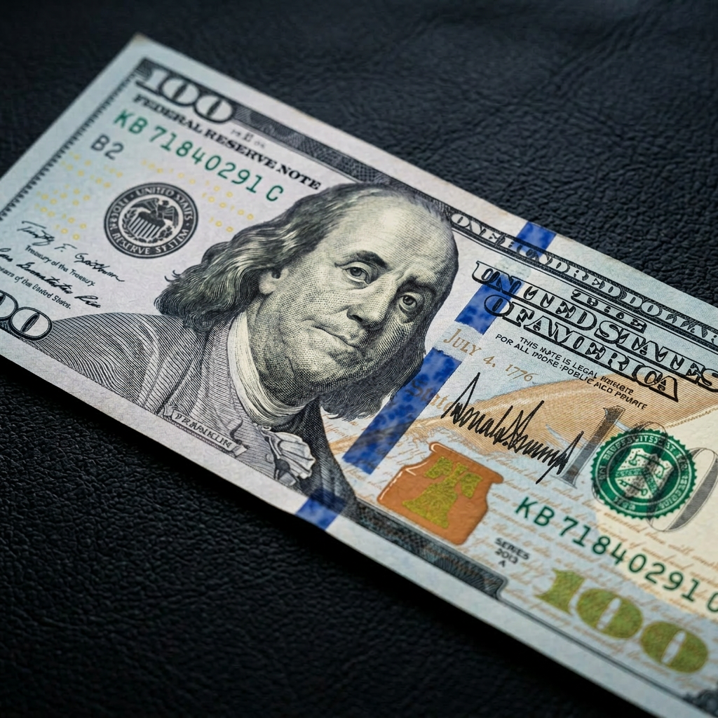 One hundred dollar bill showing Benjamin Franklin portrait and security features