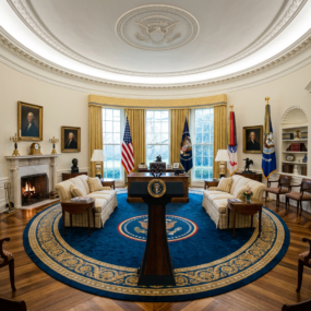 Oval Office with Resolute desk, American and presidential flags, sofas, fireplace, and portraits