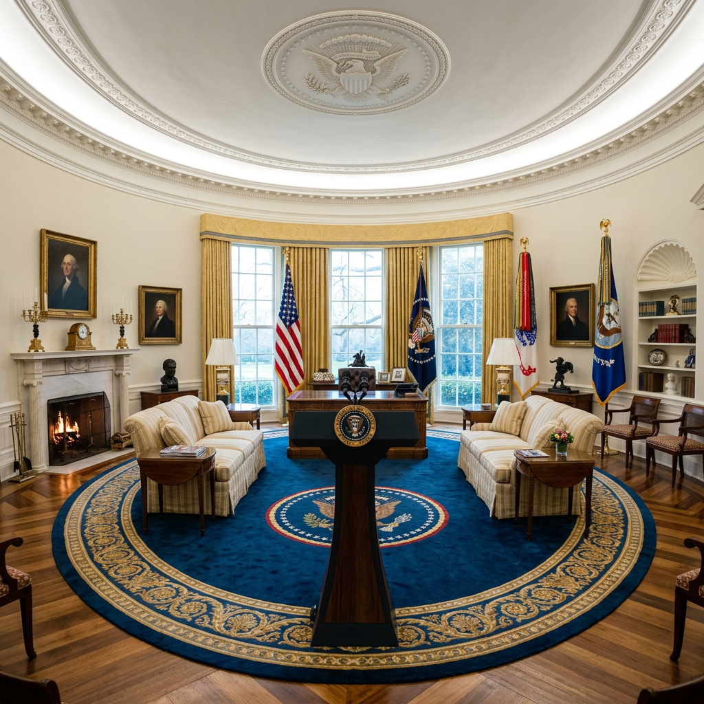 Oval Office with Resolute desk, American and presidential flags, sofas, fireplace, and portraits