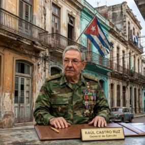 Raúl Castro Ruz sitting at desk in office with Cuban flag and emblem
