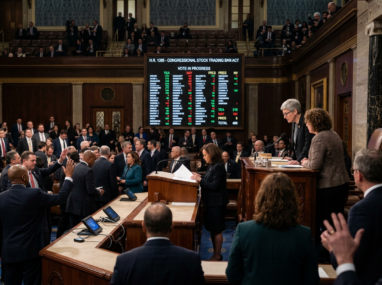 Congressional chamber with members voting on H.R. 1385 Stock Trading Ban Act