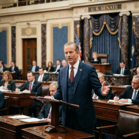 Senator speaking at a lectern in the U.S. Senate chamber with other members seated