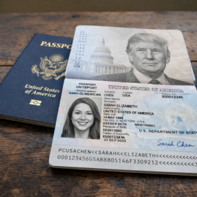 United States passport and biometric ID card with photo and visa data