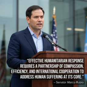 Senator Marco Rubio speaking at a podium with American flag behind