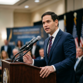 Man in suit speaking at podium with microphones in a formal setting