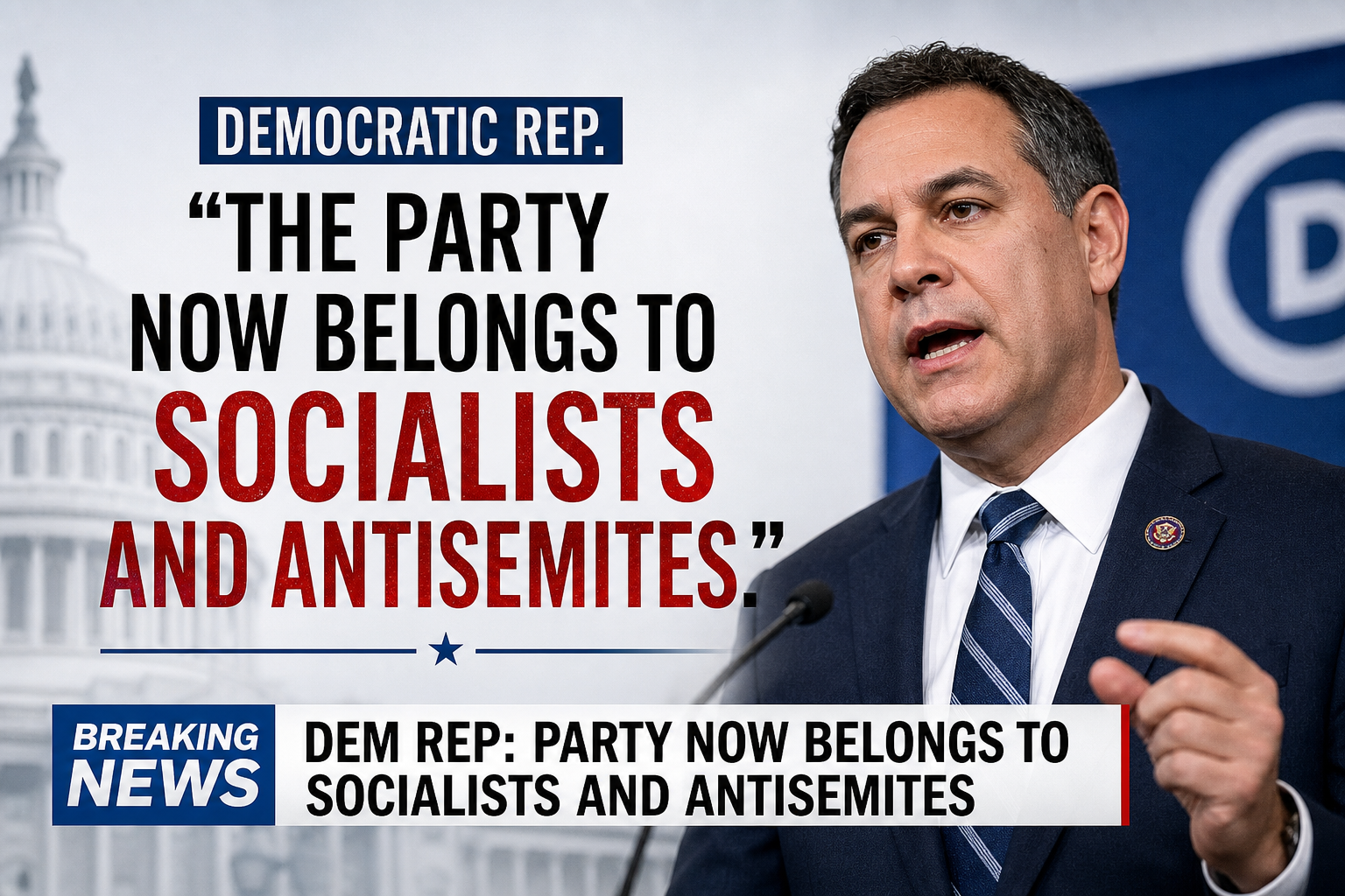 Political press-image: a man in a suit speaks at a podium with a bold, overlaid quote reading “THE PARTY NOW BELONGS TO SOCIALISTS AND ANTISEMITES,” and a ‘Breaking News’ banner nearby.