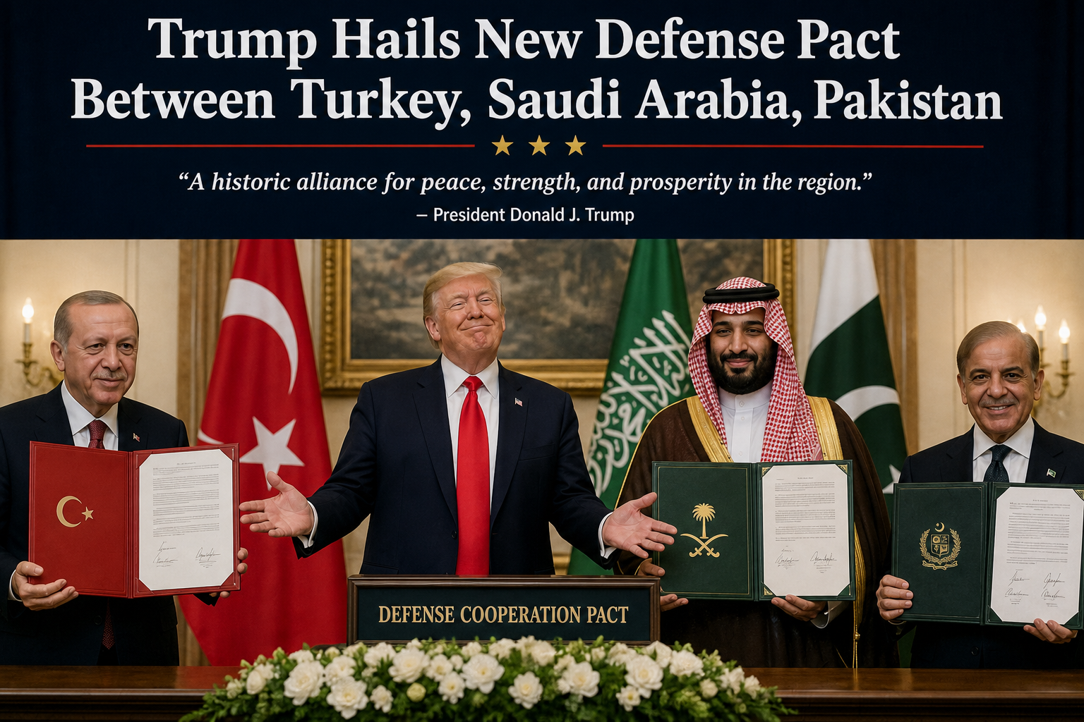 Four men in formal attire stand behind a table with signed documents; the central figure in a dark suit and red tie gestures as a defense-pact banner stretches above. Stars and quotes are visible, with national flags (red Turkish flag and green Saudi flag) in the background and a white floral arrangement in front.