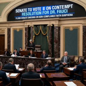 Senate chamber with lawmakers seated and a display reading 'Senate to vote on contempt resolution for Dr. Fauci'