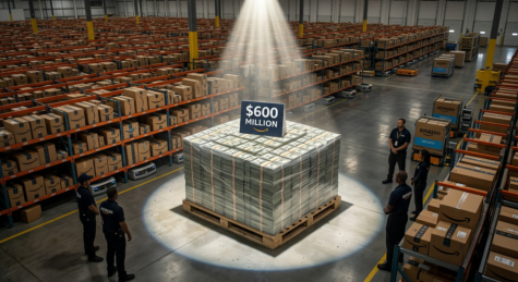 Warehouse interior with workers surrounding a pallet marked $600 million
