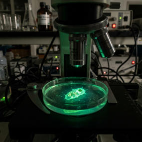 Microscope focusing on a petri dish containing fluorescent microorganisms in a laboratory environment