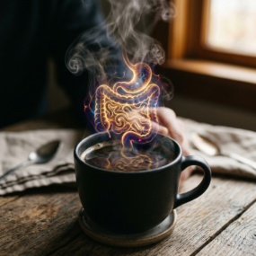 Black coffee cup with steam forming a glowing digestive system illustration
