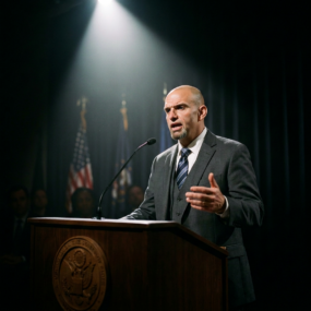 Man speaking at a podium with microphone and American flags behind him