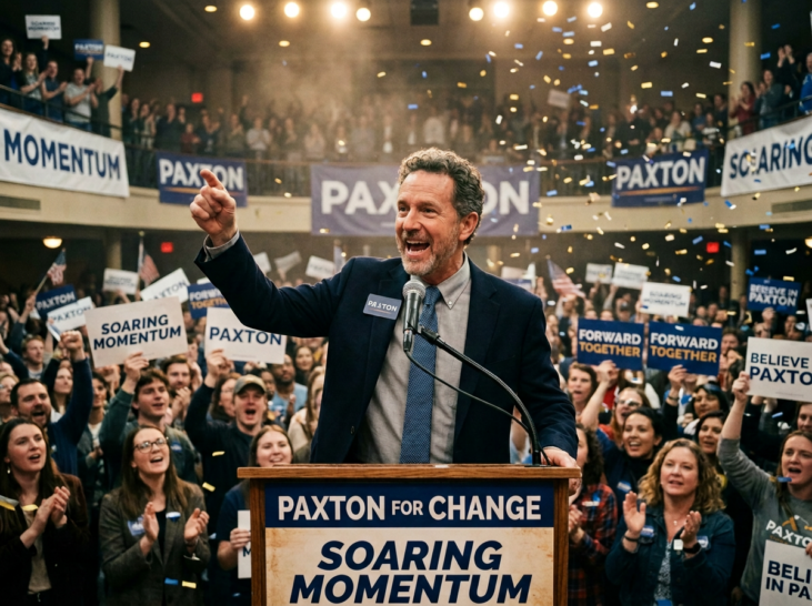 Candidate speaking at podium with enthusiastic crowd holding Paxton signs