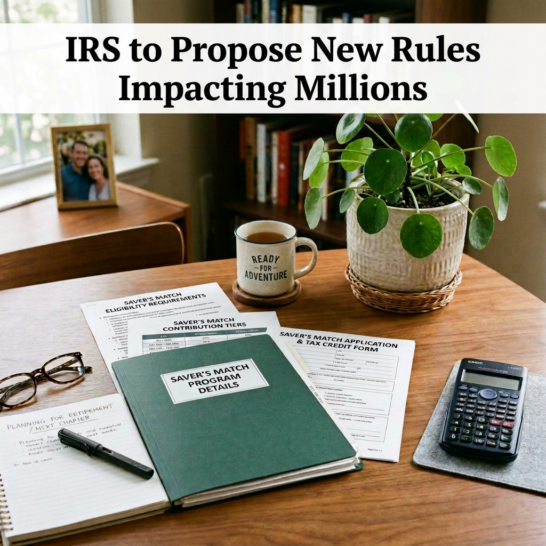 Retirement plan folder, social security info, 401(k) statement, retirement application, notebook, pen, coffee mug, calculator, and a potted plant on wooden desk
