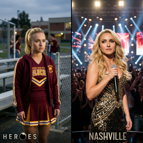 Split image labeled HEROES and NASHVILLE, showing a cheerleader outdoors and a singer performing onstage.