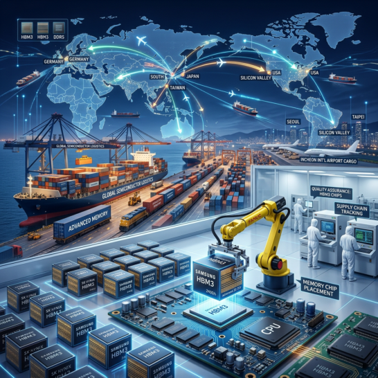 Infographic of global semiconductor logistics, ports, aircraft, and memory-chip manufacturing